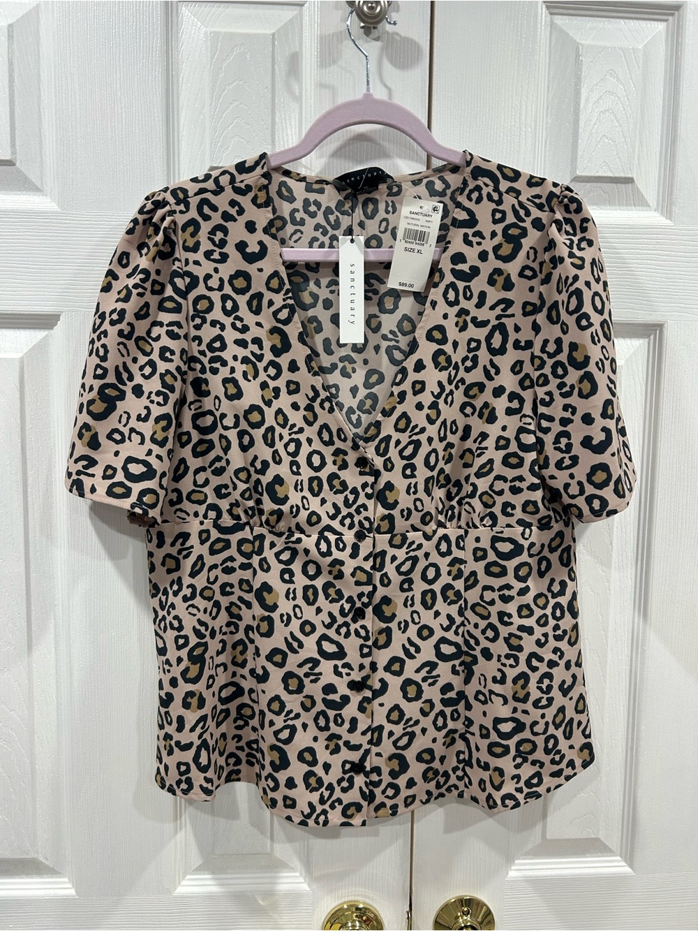 Sanctuary Beige Leopard Print V-Neck Puff Sleeve Blouse